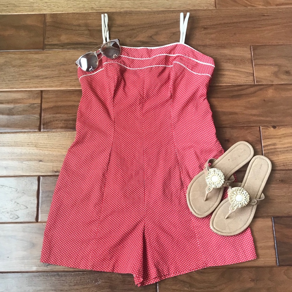 Vintage Red Polka Dot Romper with White Trim